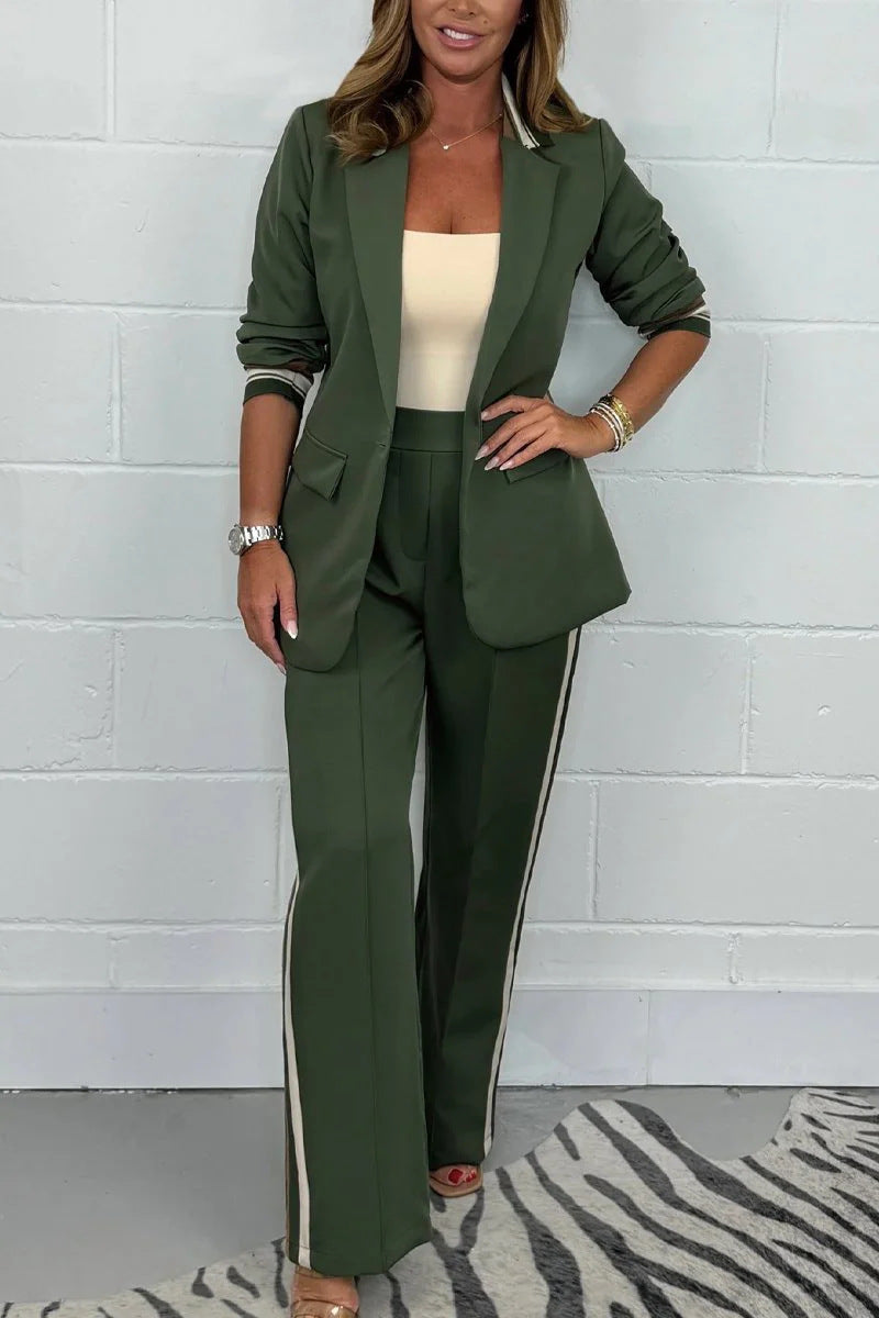 Women's fitted long blazer pant set with crease, wide leg and side piping StylebySassy