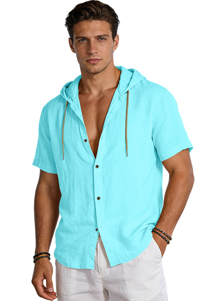 Men's tailored short-sleeve hooded shirt in textured linen look with wood look buttons and drawstring StylebySassy