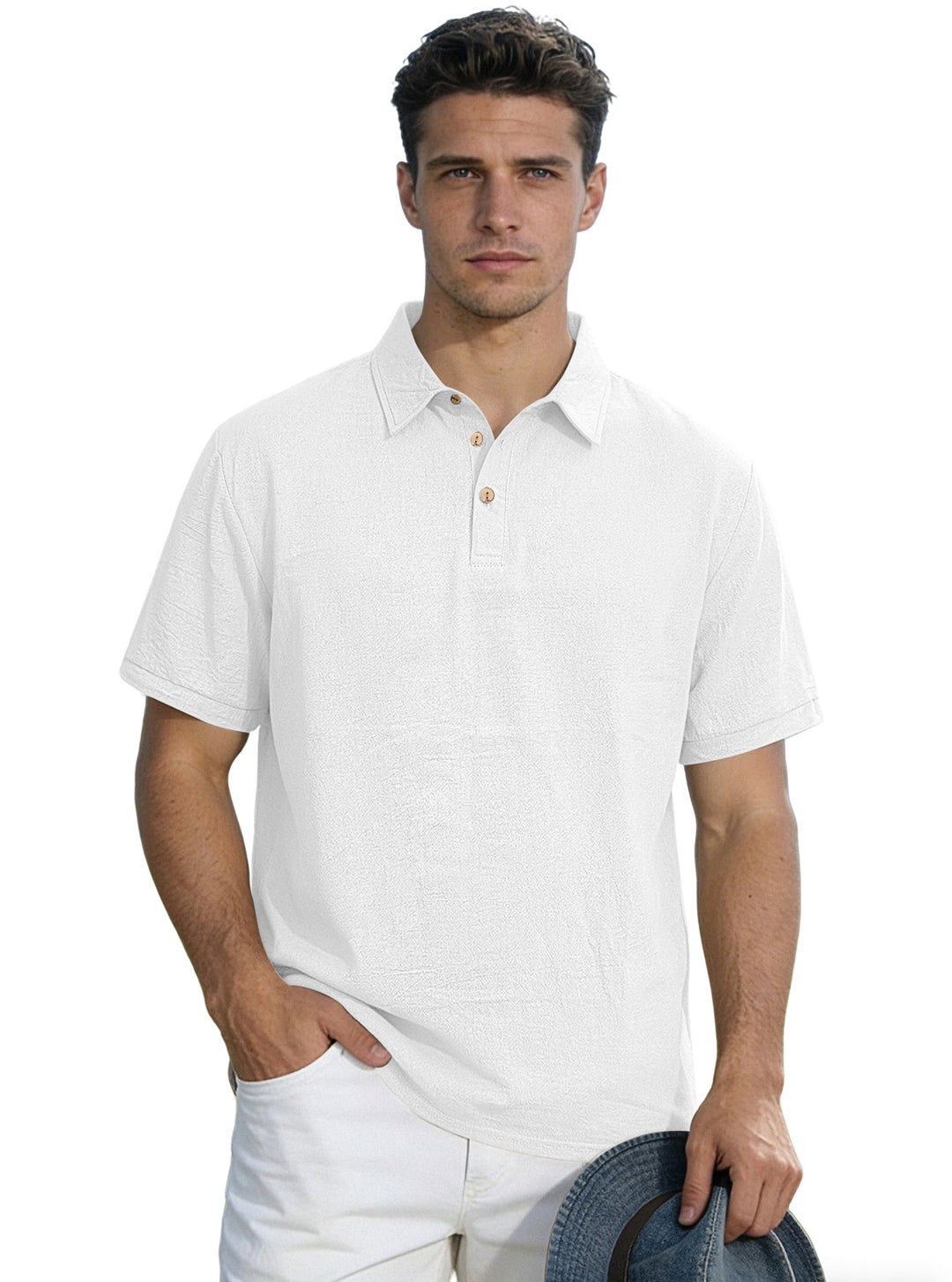 Men's short-sleeve polo with shirt collar, short button placket and structured cotton blend StylebySassy
