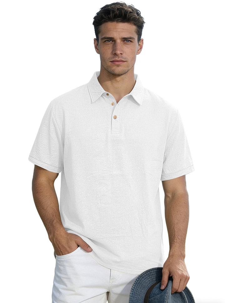 Men's short-sleeve polo with shirt collar, short button placket and structured cotton blend StylebySassy
