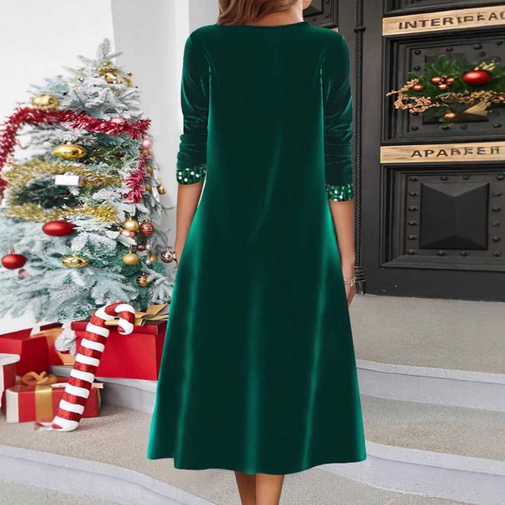 Women's festive sequin panel maxi dress with V-neck long sleeves and decorative waist belts StylebySassy