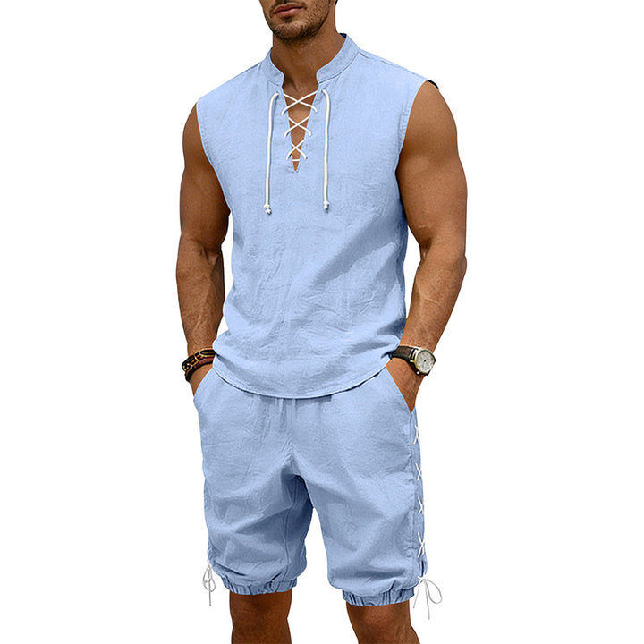 Men's sleeveless leisure set with lace collar and drawstring Bermuda StylebySassy
