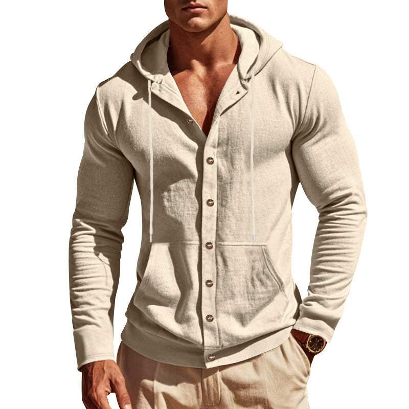 Men's slim-fit hoodie cardigan with full button placket, mounted kangaroo pocket, and lightweight structured knit StylebySassy