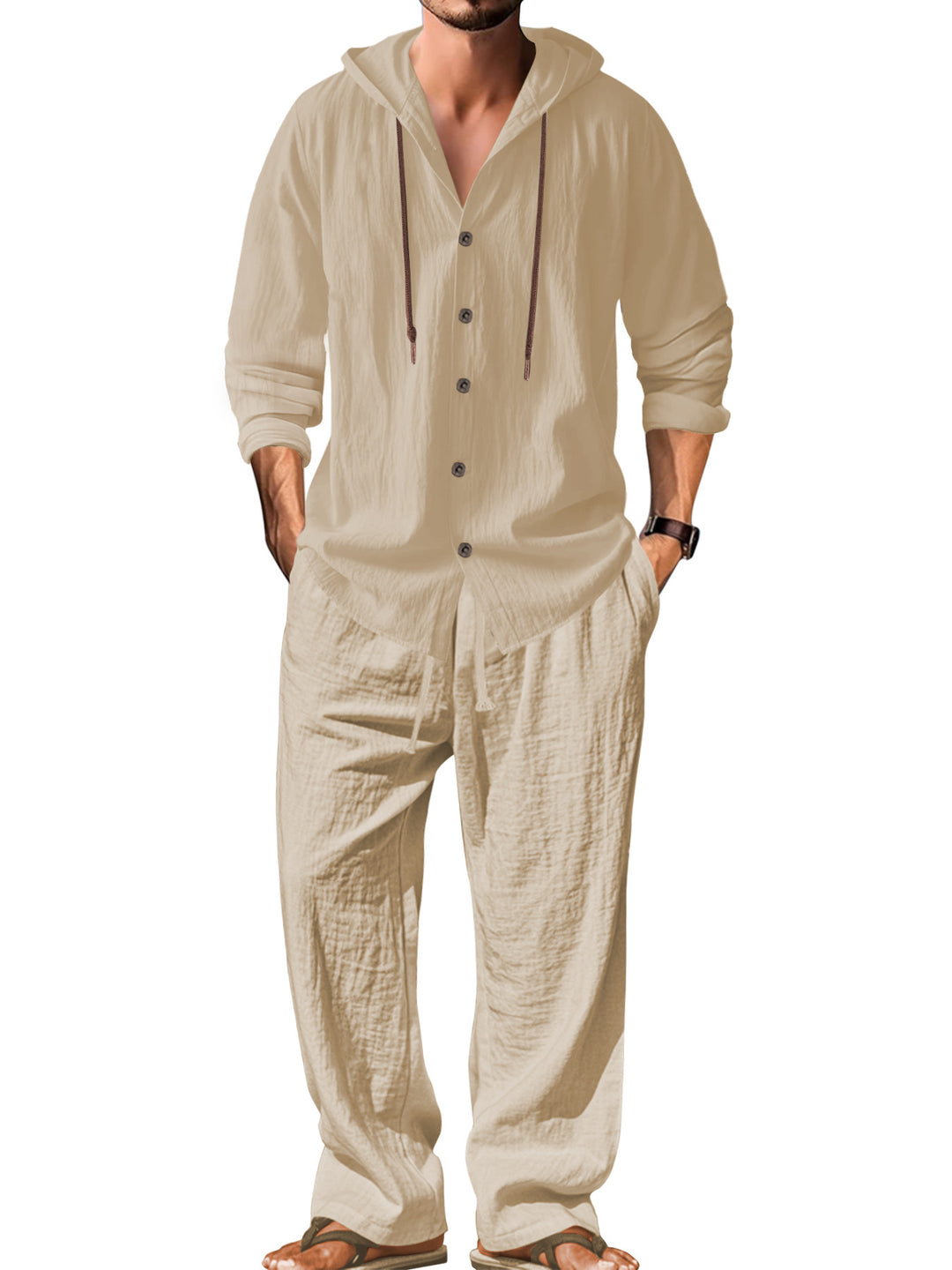 Men's casual hoodie shirt with continuous button placket, decorative drawstring, and relaxed fit StylebySassy