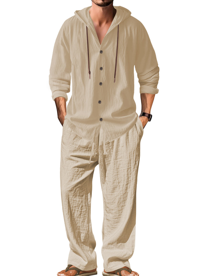 Men's casual hoodie shirt with continuous button placket, decorative drawstring, and relaxed fit StylebySassy