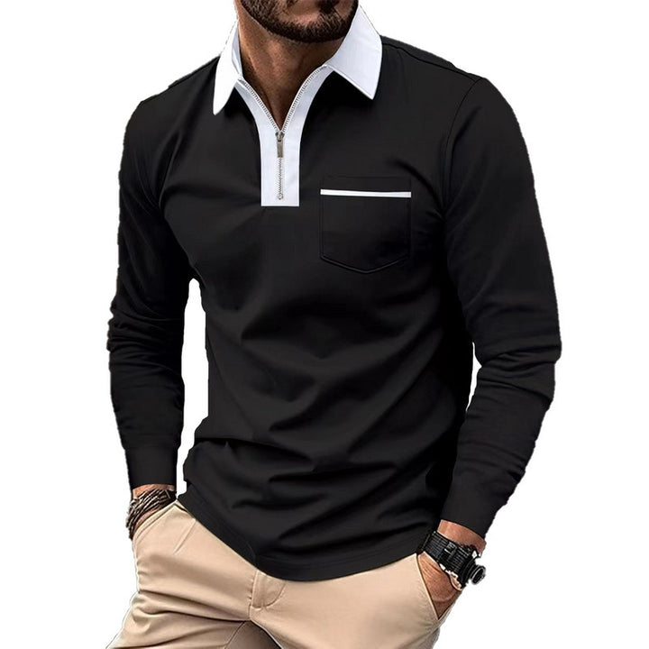 Men's elegant long-sleeve polo shirt with distinctive stand-up collar metal short zip and chest pocket StylebySassy