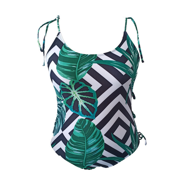 Women one-piece swimsuit with tropical leaf design and adjustable straps StylebySassy