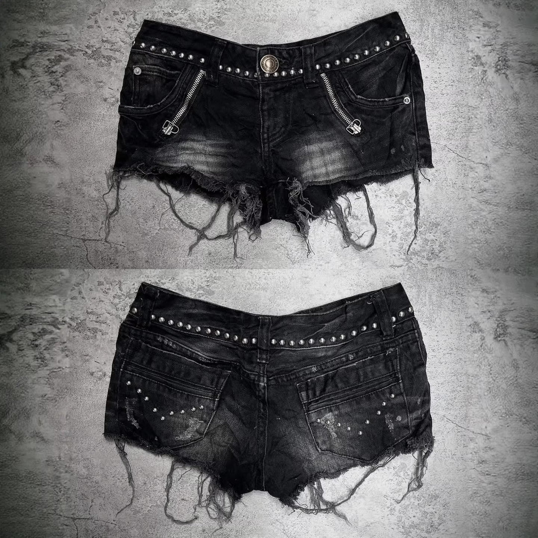 Ladies Fashion Destroyed Denim Shorts with Studs StylebySassy