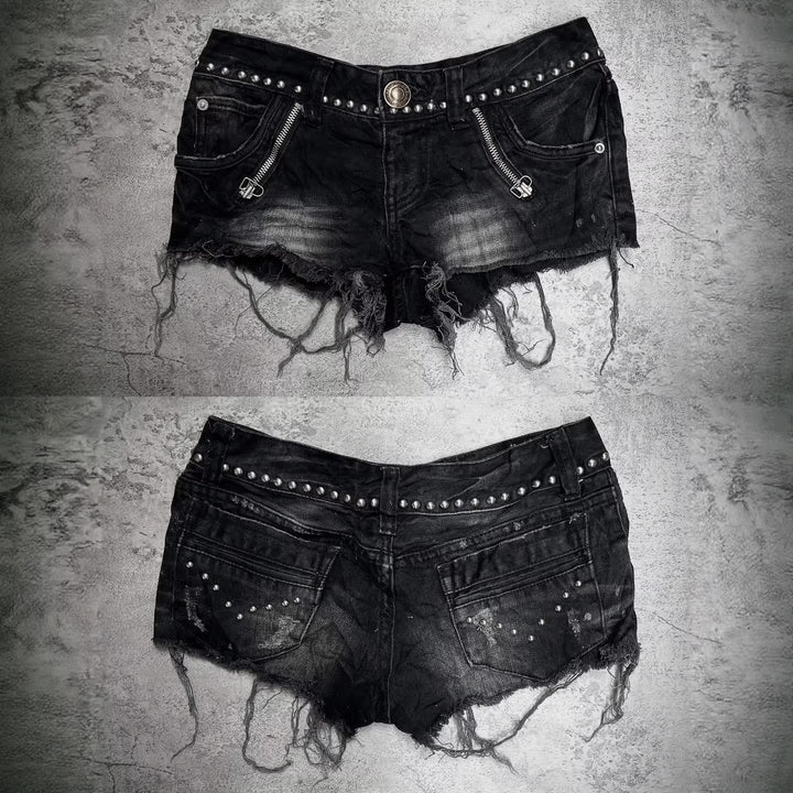 Ladies Fashion Destroyed Denim Shorts with Studs StylebySassy