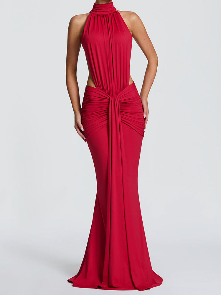 Women Elegant Maxi Dress with Draped Front and High Neck Design StylebySassy