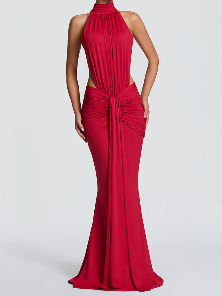 Women Elegant Maxi Dress with Draped Front and High Neck Design StylebySassy