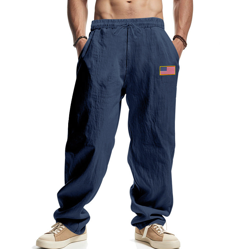Men's casual cotton-linen lounge pants with elastic waistband, drawstring, and discreet flag application StylebySassy