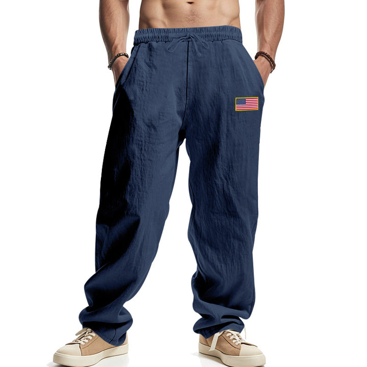 Men's casual cotton-linen lounge pants with elastic waistband, drawstring, and discreet flag application StylebySassy
