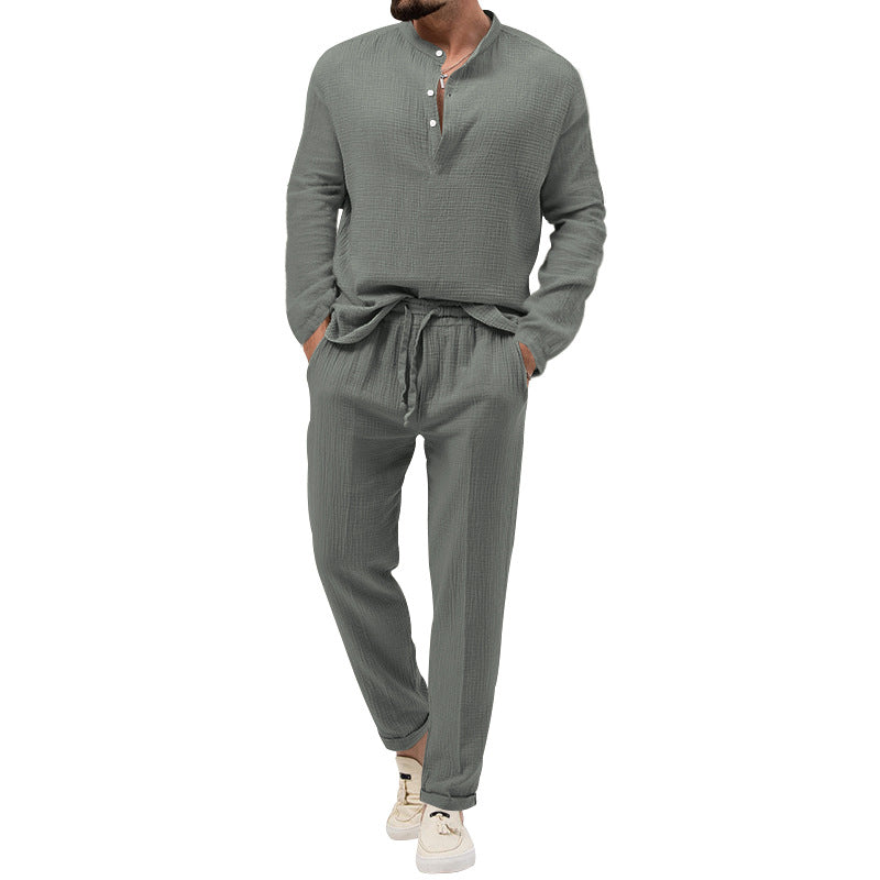 Men's muslin comfort set with semi-high collar and drawstring pants StylebySassy