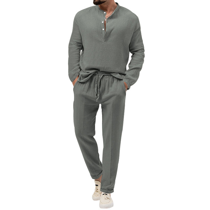 Men's muslin comfort set with semi-high collar and drawstring pants StylebySassy