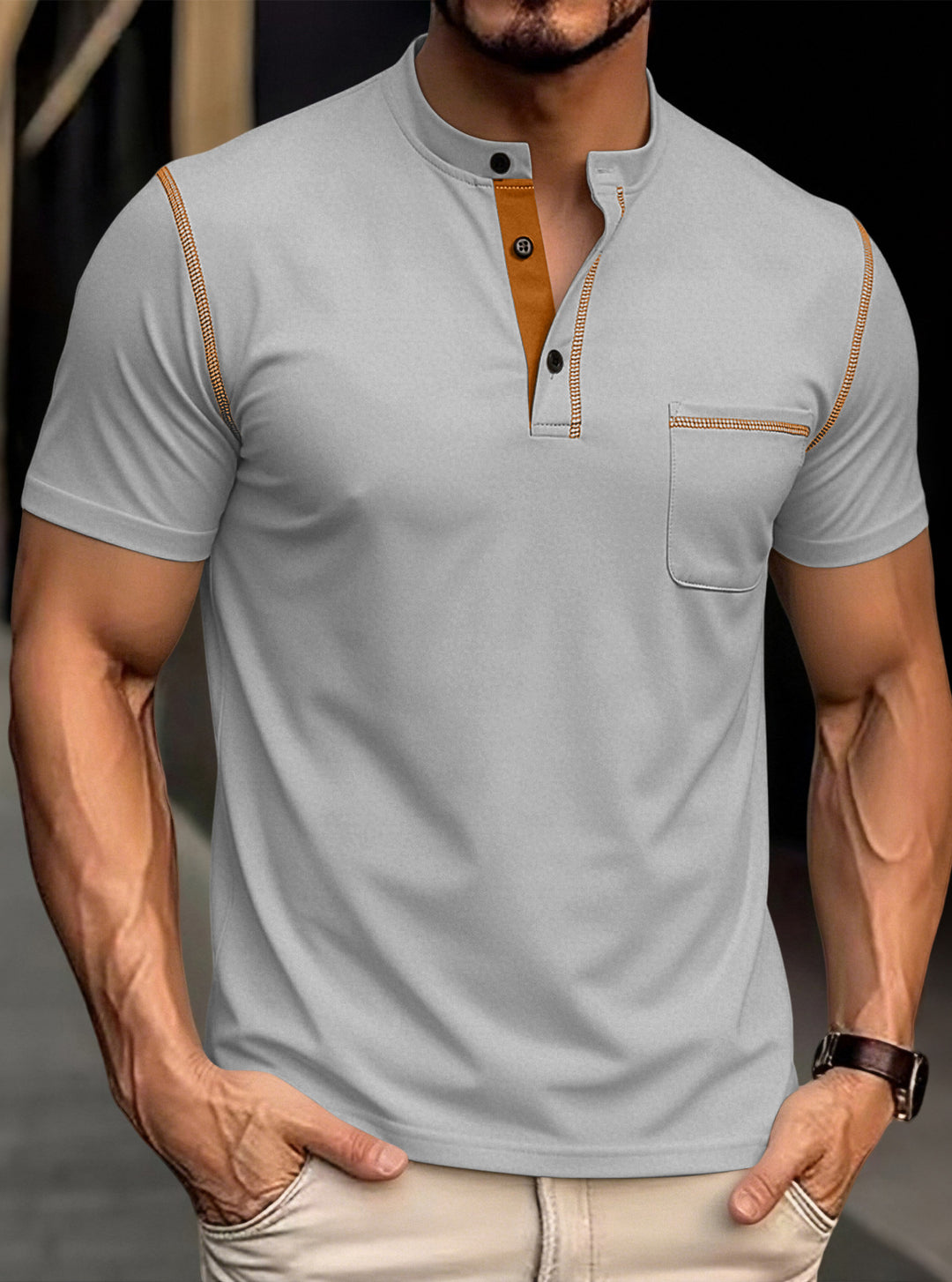 Men's modern short-sleeve Henley with stand collar, contrast stitching, and patch chest pocket StylebySassy