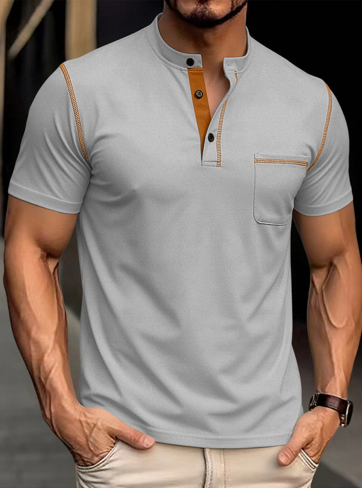 Men's modern short-sleeve Henley with stand collar, contrast stitching, and patch chest pocket StylebySassy