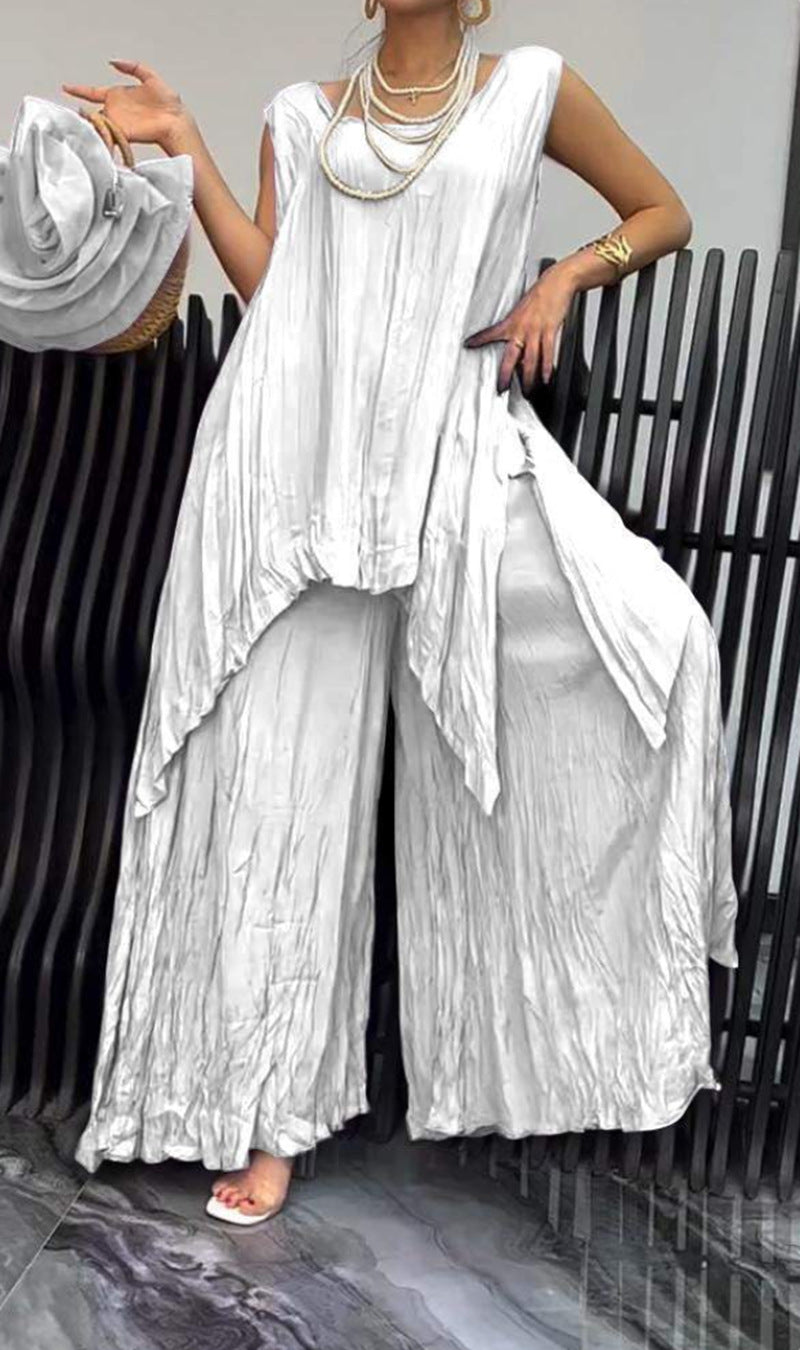 Women two-piece set in airy crinkle look with sleeveless tunic and wide palazzo pants StylebySassy