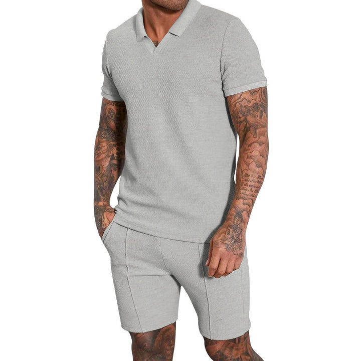 Men's short-sleeved half-collar knit set with fine waffle structure and straight-cut shorts StylebySassy
