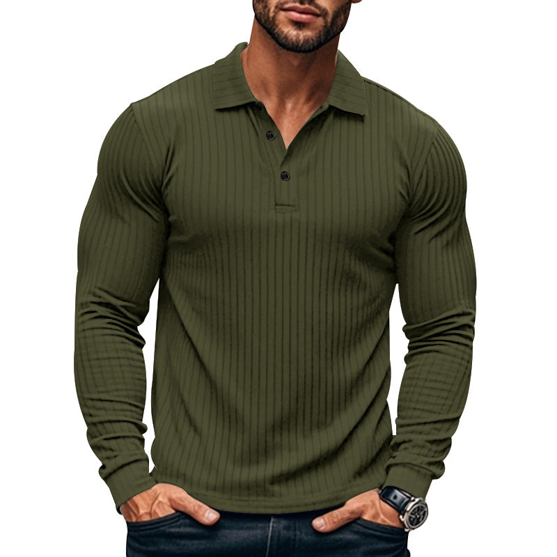 Men's tight-fitting ribbed long-sleeve polo shirt with kent collar and short button placket StylebySassy