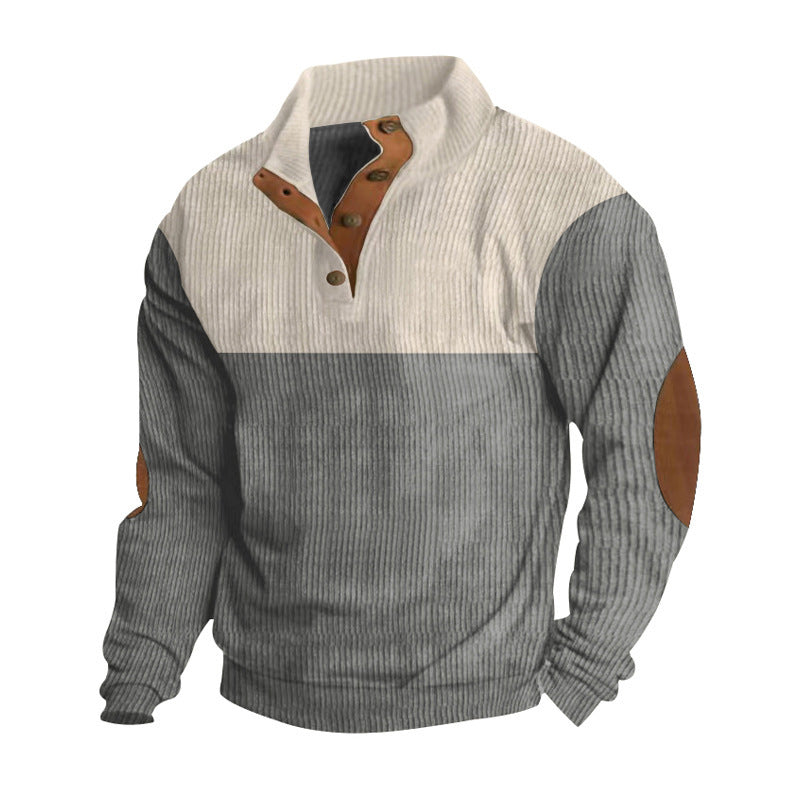 Men's ribbed knit sweater with standing collar, button placket, and leather elbow patches StylebySassy
