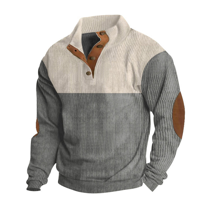 Men's ribbed knit sweater with standing collar, button placket, and leather elbow patches StylebySassy