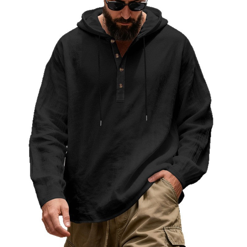 Men's lightweight hooded shirt with button placket made of linen blend and relaxed fit StylebySassy