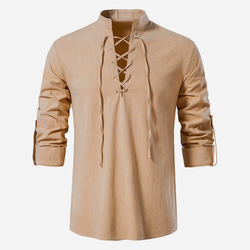 Men's casual lace-up shirt with stand-up collar, linen-cotton blend and roll-up sleeve tabs StylebySassy
