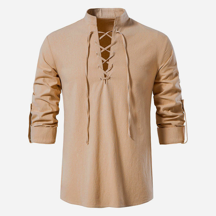 Men's casual lace-up shirt with stand-up collar, linen-cotton blend and roll-up sleeve tabs StylebySassy