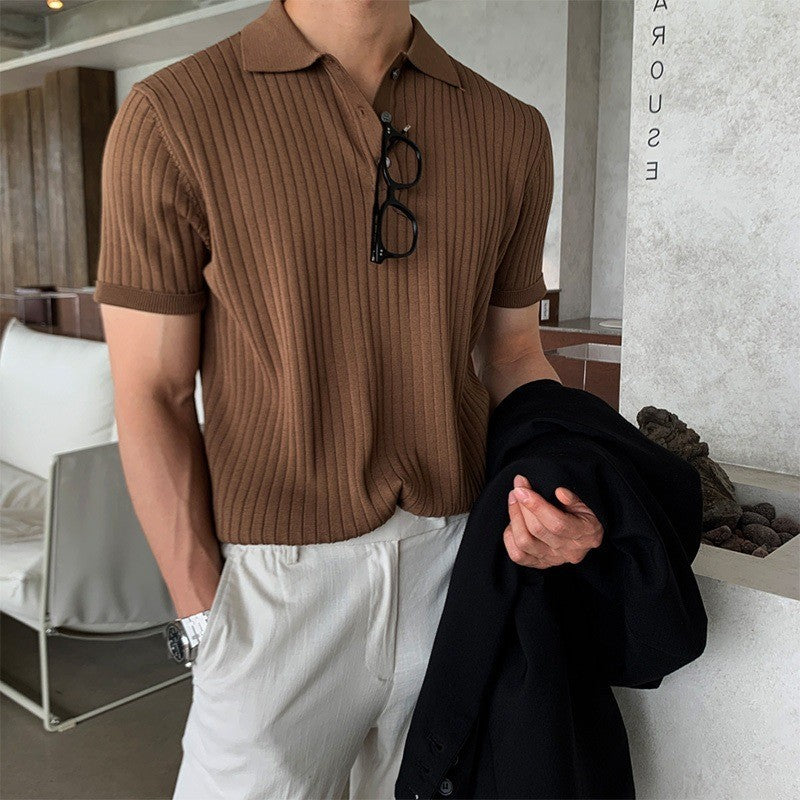 Men's narrow-cut ribbed polo shirt made of fine knit with short sleeves and polo collar StylebySassy