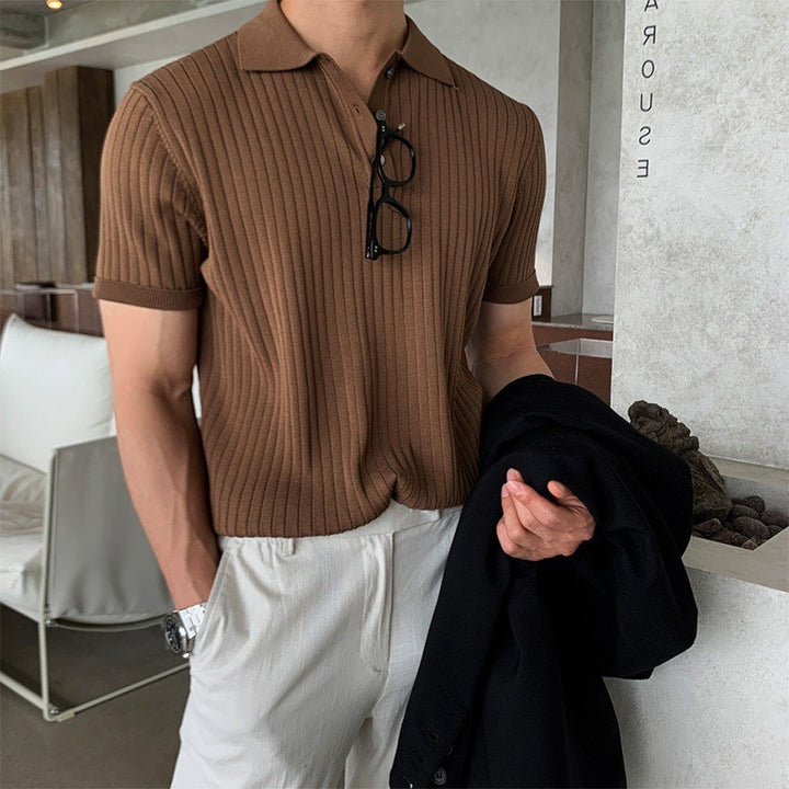 Men's narrow-cut ribbed polo shirt made of fine knit with short sleeves and polo collar StylebySassy