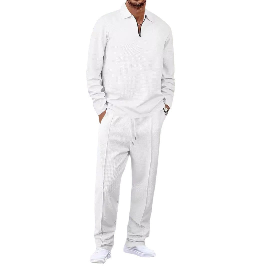 Unisex Nan Waffle Structure Leisure Set with Half-Zip Polo Shirt and Elastic Waist Pants StylebySassy