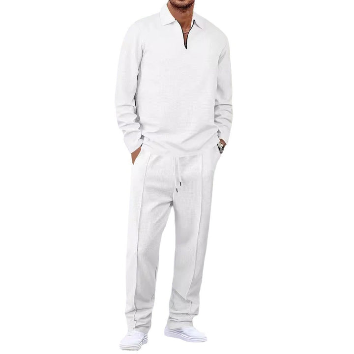 Unisex Nan Waffle Structure Leisure Set with Half-Zip Polo Shirt and Elastic Waist Pants StylebySassy