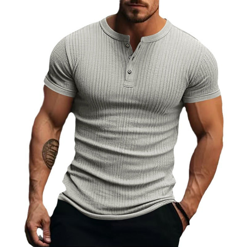 Men's fitted short sleeve Henley shirt with ribbed texture and short button placket StylebySassy