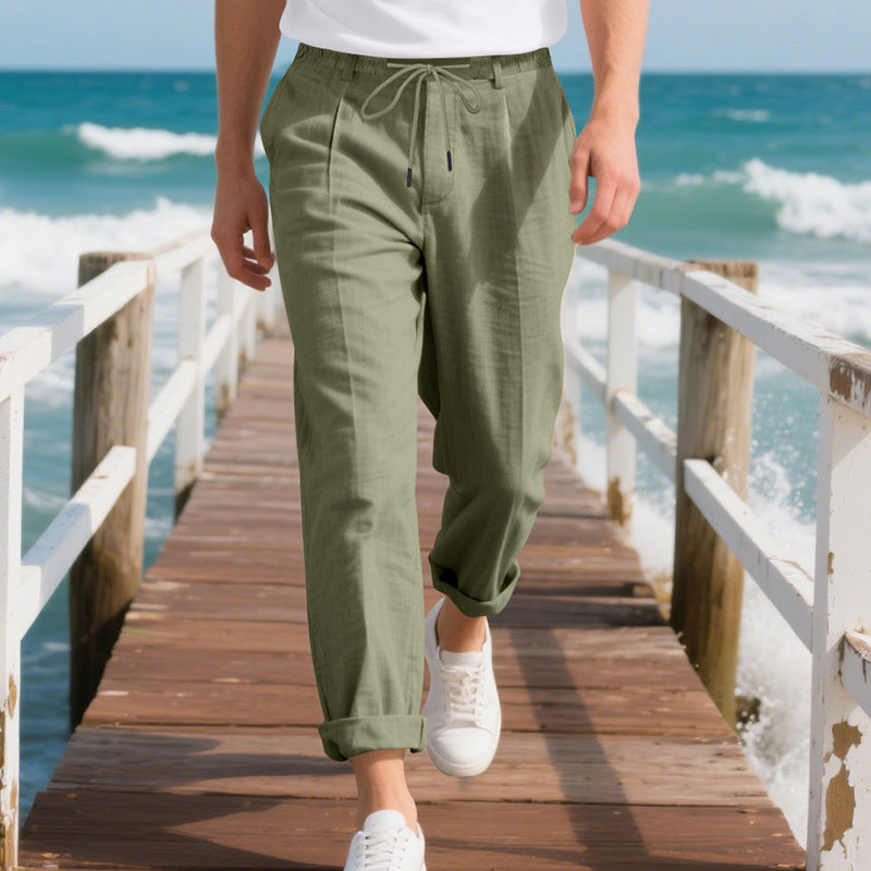 Men's beach-suitable linen blend lounge pants with elastic drawstring, subtle pleat, and rolled ankle hem StylebySassy