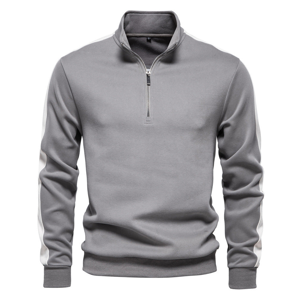 Men's stand-up collar sweater with short zipper and contrast side stripes StylebySassy
