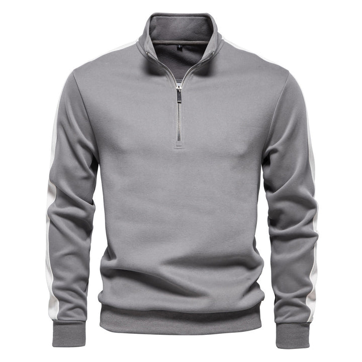 Men's stand-up collar sweater with short zipper and contrast side stripes StylebySassy