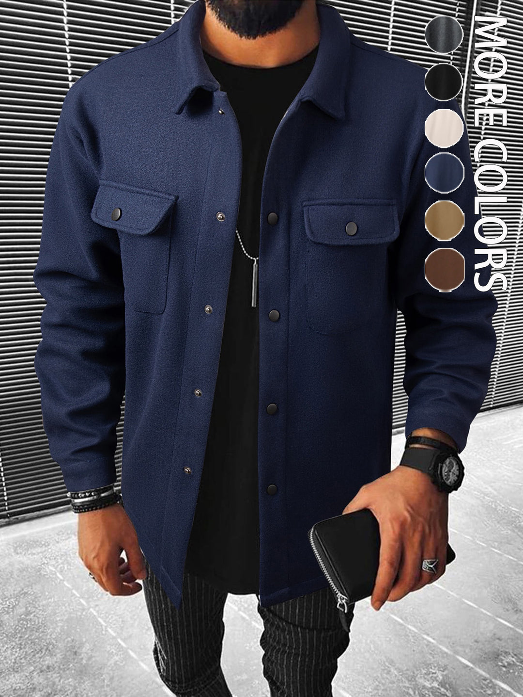 Men's shirt jacket made of wool blend with snap buttons and patch pockets StylebySassy