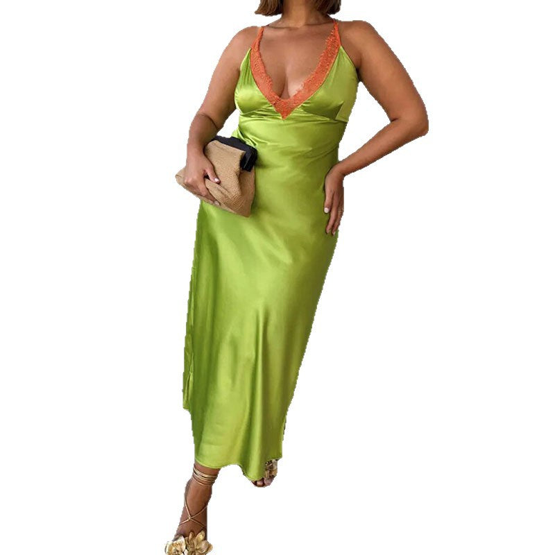 Ladies Elegant Satin Maxi Dress with Transparent Lace StylebySassy