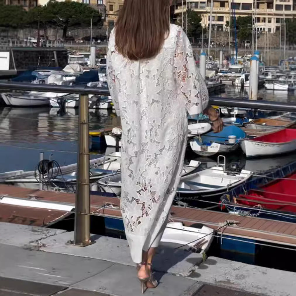 Women's airy lace maxi dress with floral openwork embroidery, loose kimono sleeve cut, and lightweight underdress StylebySassy