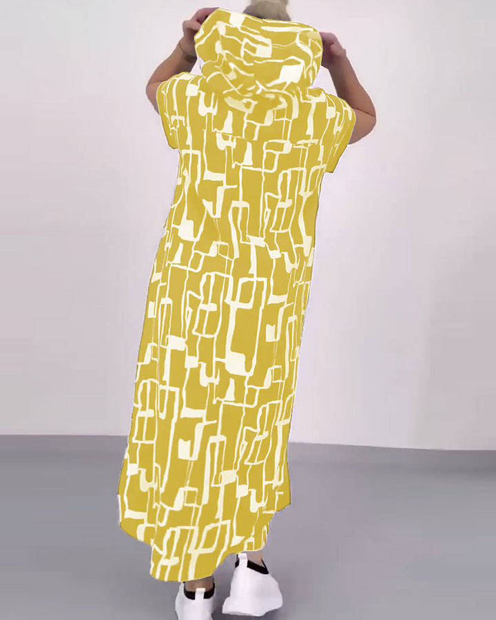 Women's casual hooded kaftan dress in loose fit with short sleeve cut and abstract graphic pattern StylebySassy