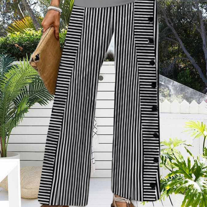 Ladies' wide Palazzo pants with vertical pinstripe look and side button placket StylebySassy