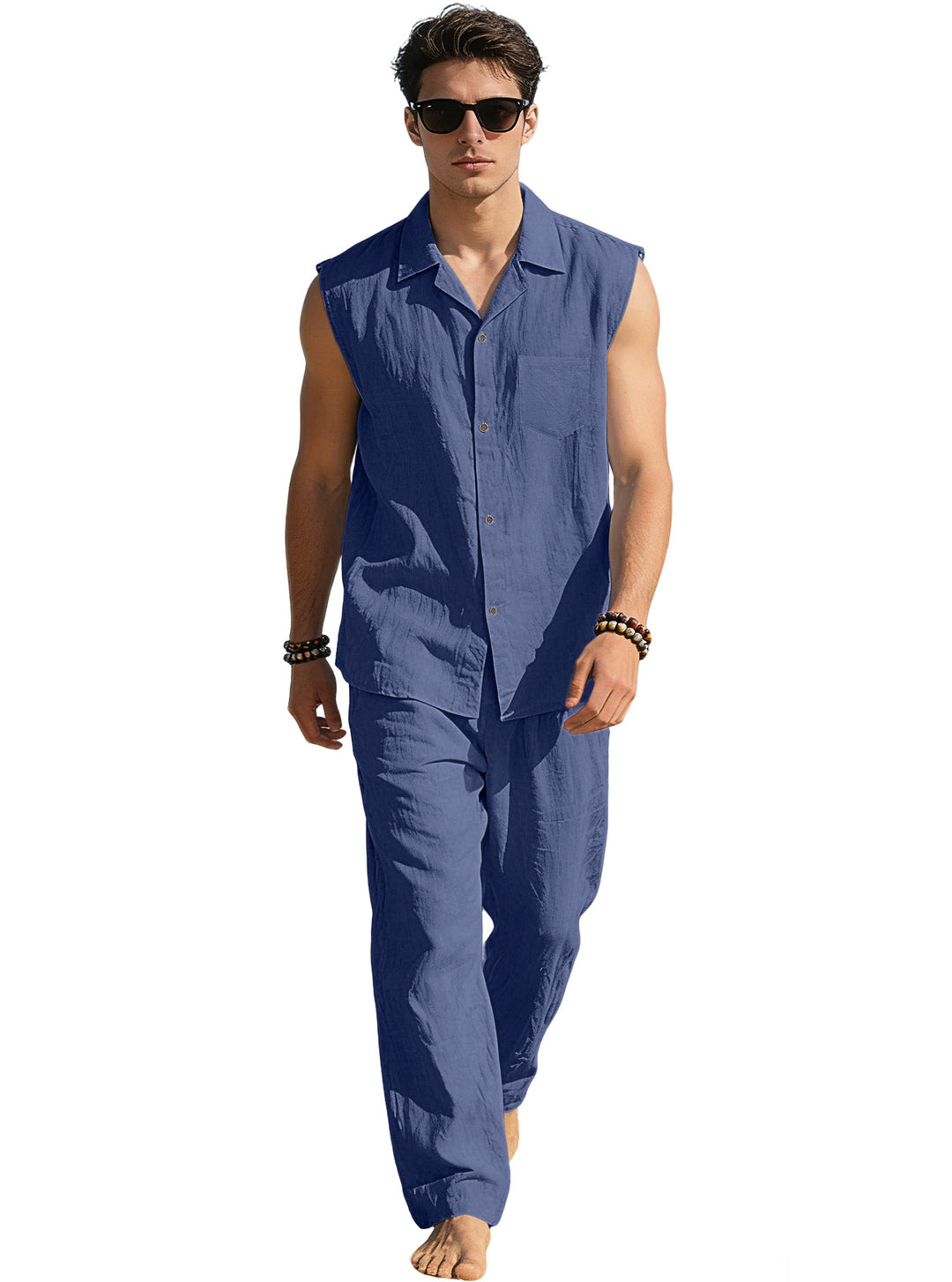 Men's sleeveless linen leisure set with lapel collar, chest pocket, and straight pants StylebySassy