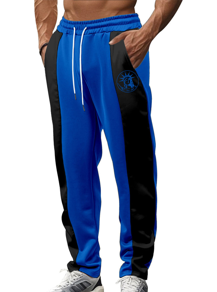 Men's sporty track pants with side contrast stripes, elastic waistband, drawstring, and deer embroidery StylebySassy