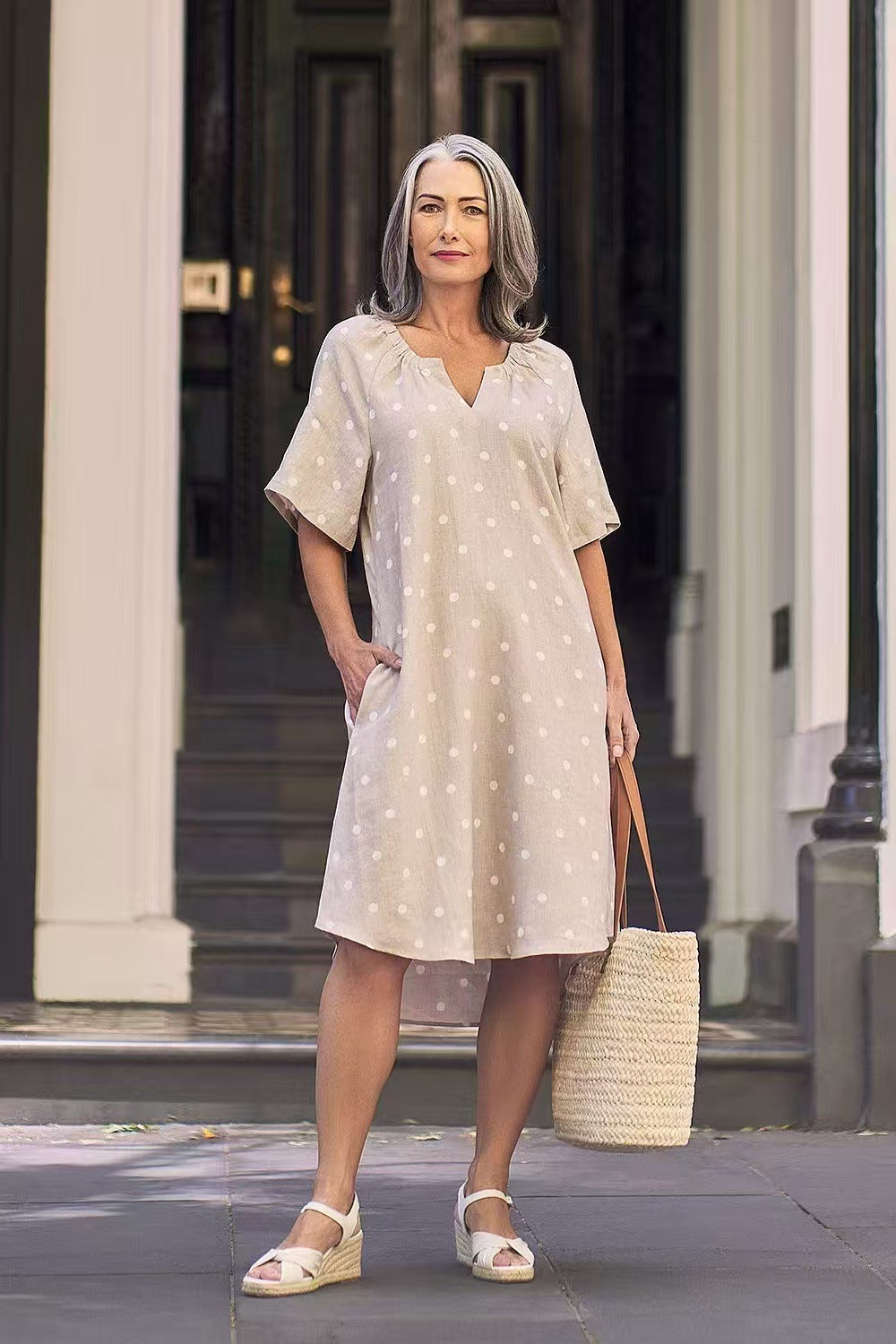 Ladies casual A-line linen look dress with V-neck, gathered shoulder area and side pockets StylebySassy