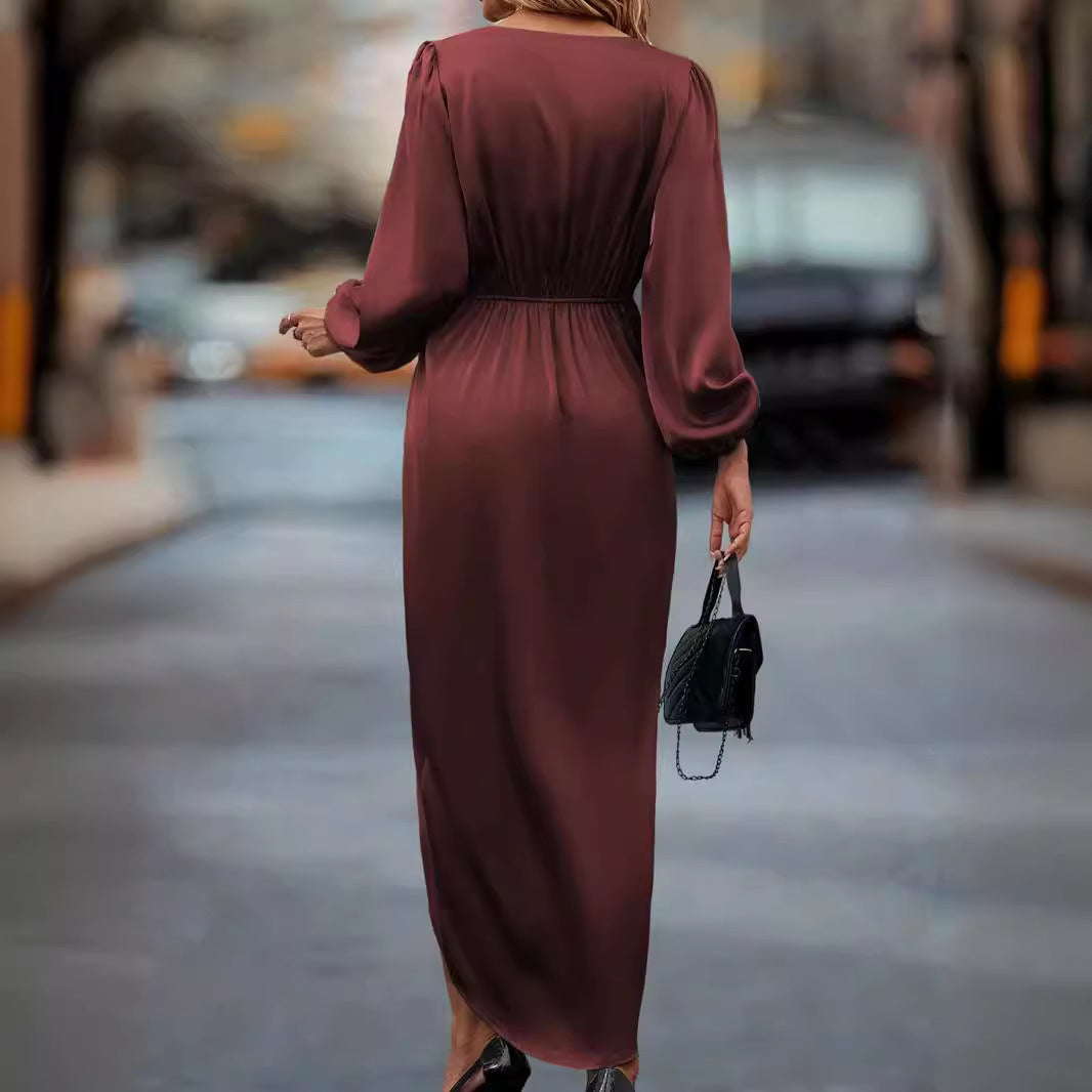 Ladies draped satin midi dress with knot detail, V-neck and balloon sleeves StylebySassy