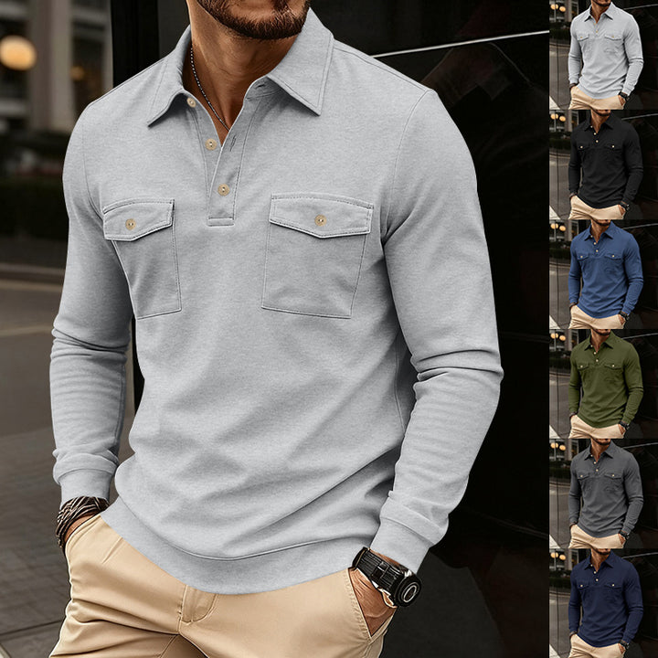 Men's fitted long sleeve polo shirt with shirt collar and applied breast pockets StylebySassy