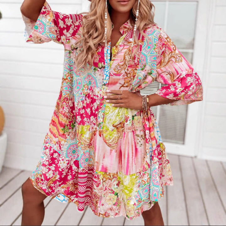 Ladies' airy tiered dress in patchwork boho style with stand collar, gathered waist seam, and three-quarter sleeves StylebySassy