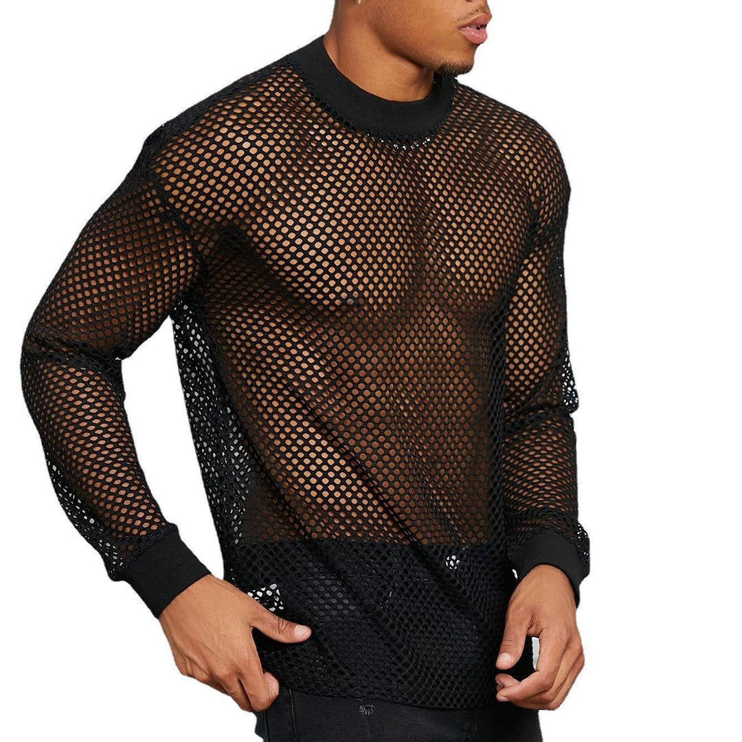 Men's transparent mesh long sleeve shirt with round neck and ribbed cuffs StylebySassy