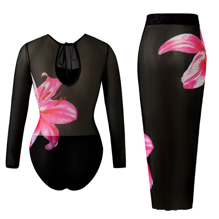 Women Elegant Swimsuit with Long Sleeve and Transparent Wrap Skirt StylebySassy